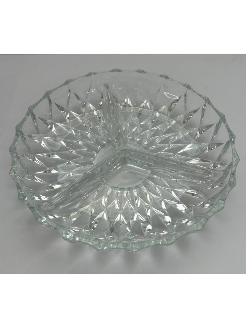 Vintage MCM Clear Glass Divided Makeup Trinket Serving Dish Diamond Pattern Glam